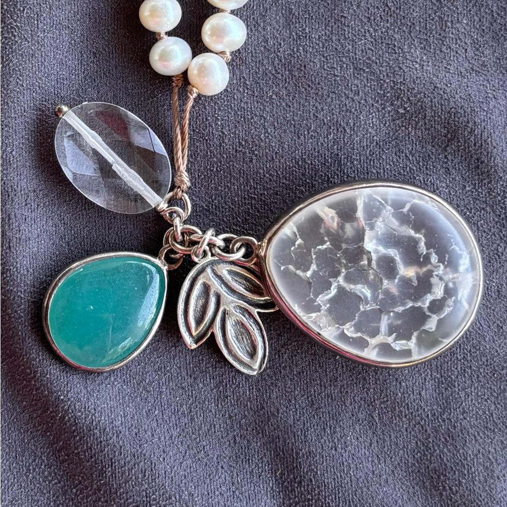 Silpada N2108 925 Sterling Silver Pearl Quartzite Crystal Cord Leaf Necklace - Picture 3 of 6